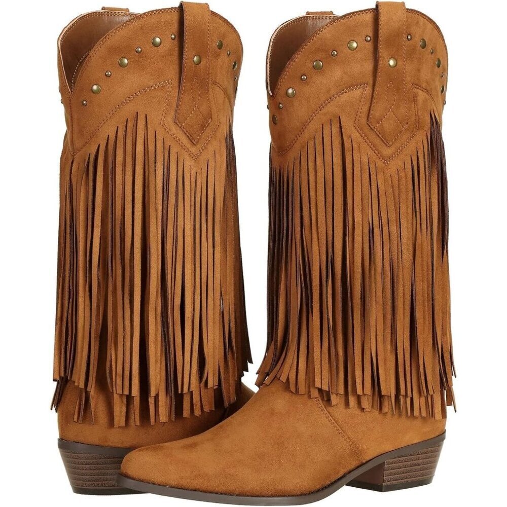 SheSole Women Brown Faux Suede Cowgirl Cowboy Boots Block Heel Western Shoes - Picture 8 of 9